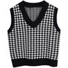 Women Fashion Oversized Houndstooth Plaid Knitted Vest Sweater Vintage Sleeveless Side Vents Female Waistcoat Chic Tops