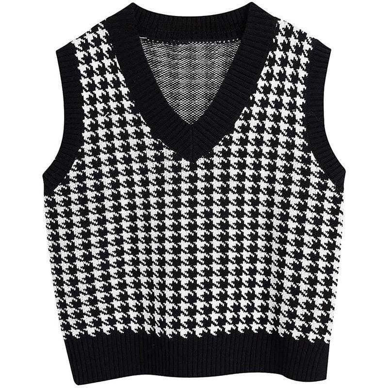 Women Fashion Oversized Houndstooth Plaid Knitted Vest Sweater Vintage Sleeveless Side Vents Female Waistcoat Chic Tops