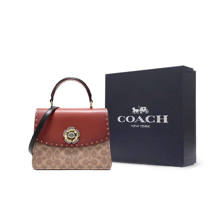 Coach Parker 23 Top Handle Camellia Studded Leather Crossbody Bag Women Handbags Brown 53349-B4NQ6