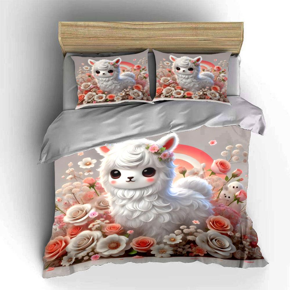 Cute White Sheep With Floral Decor Duvet Cover Set With 3D Printing Design Soft Polyester Bedding Set All-Season Comfort