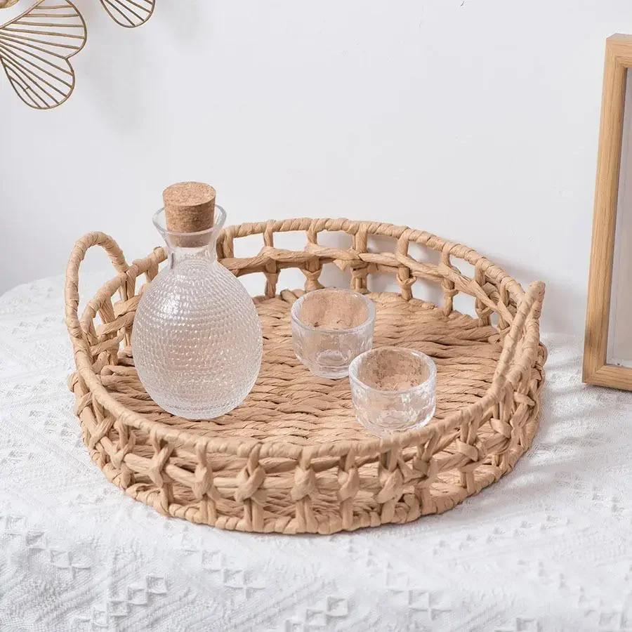 Fruit Basket Hand-woven Retro Decoration Tray Wicker Round Tray Ornaments Restaurant Bakery Storage Desktop Storage Organizer