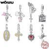 WOSTU Religious Series 925 Silver Prayer Charms Guardian Angel Pendant Red Heart Bead Fit Bracelet DIY Jewelry Making