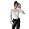 Women Lace Spliced Back Zipper Top Long Sleeve Slim Commute Wear Spring