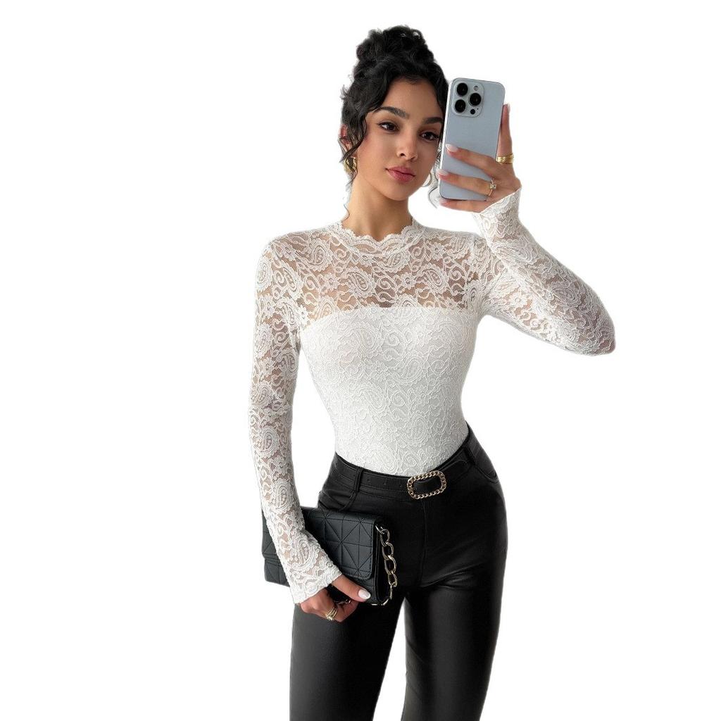 Women Lace Spliced Back Zipper Top Long Sleeve Slim Commute Wear Spring