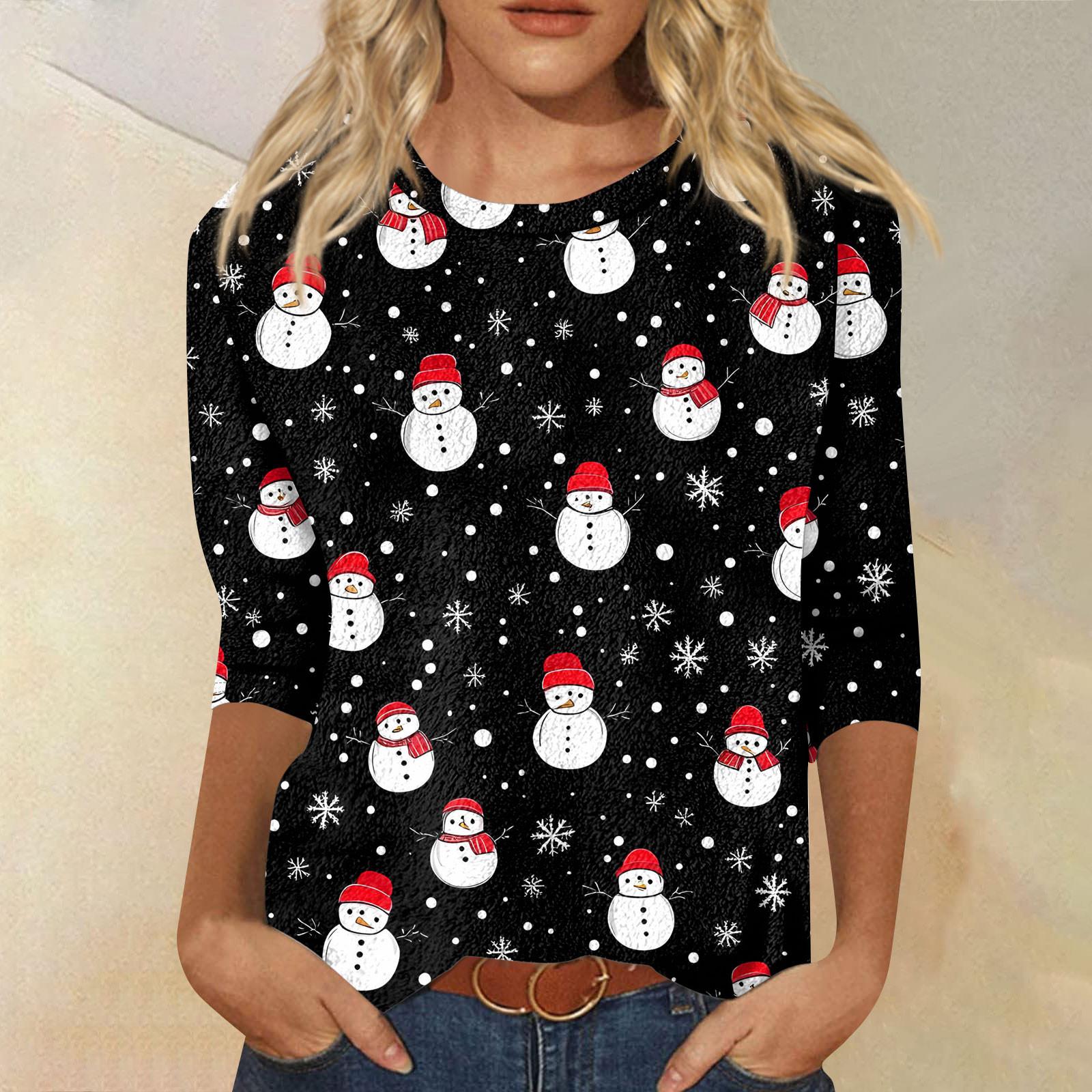 

Женская мода повседневная рубашка с круглым вырезом и рождественским принтом, семь рукавов XXXXL белый