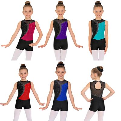 Girls Sleeveless Shiny Rhinestones Contrast Color Patchwork Leotard V Front Waistband Shorts Hair Band