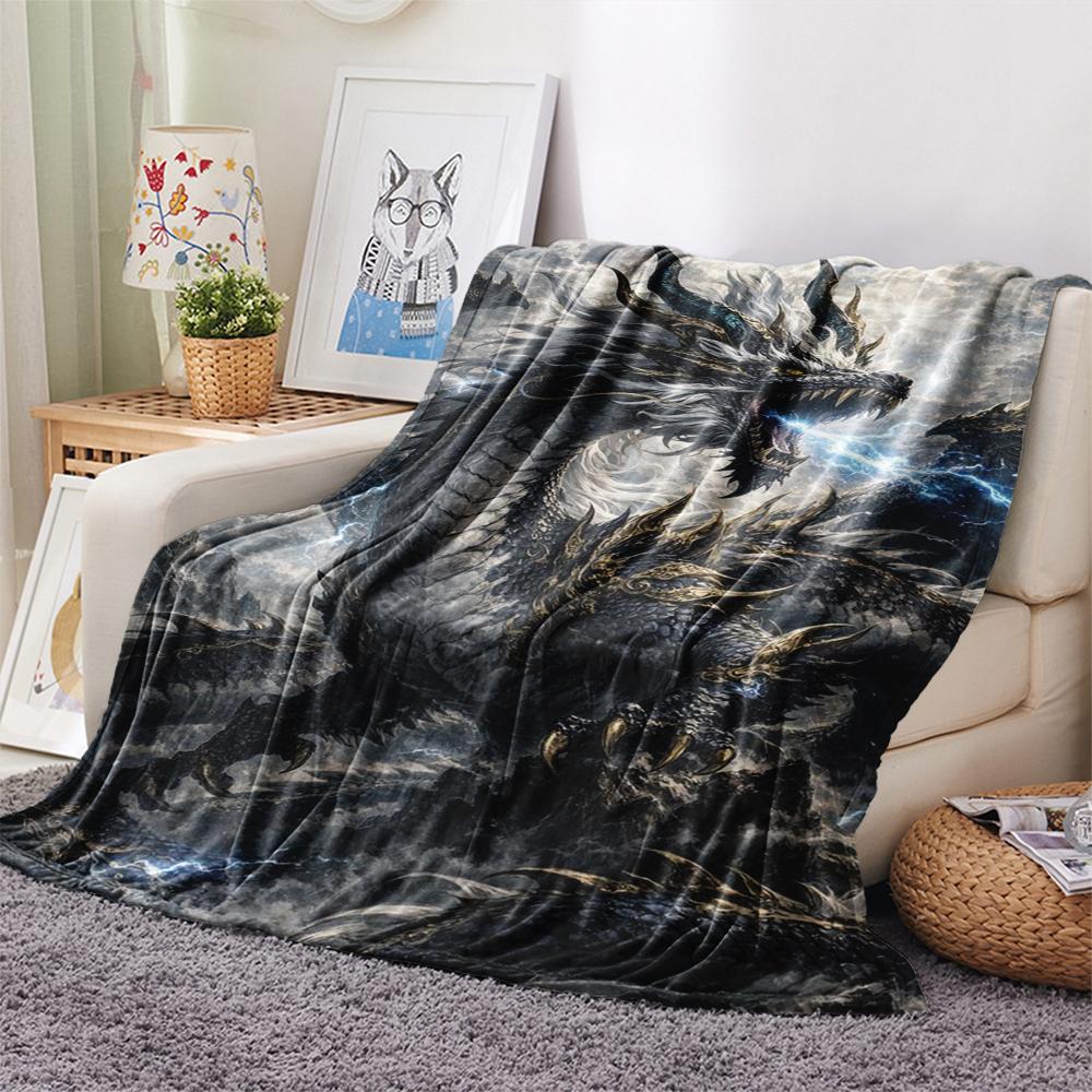 1Pc Fantasy Dragon Print Flannel Blanket, High Quality Comfortable for All Seasons, Home Decor, Warmth and Comfort, Perfect for Gifts
