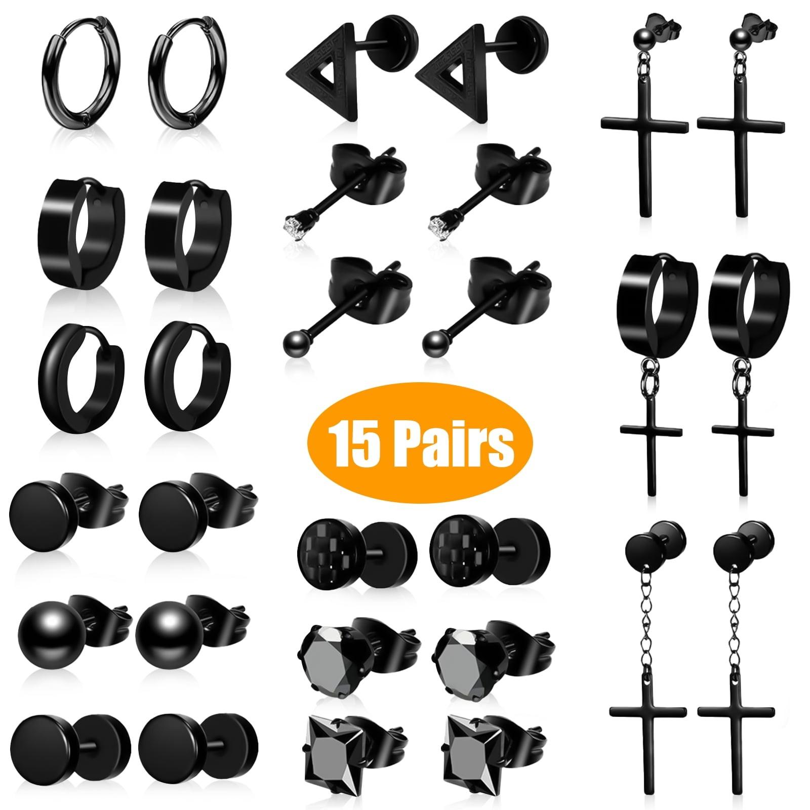 

15 Pairs Of Stainless Steel Men s Earrings Black Perforated Clip Type One Size чорний