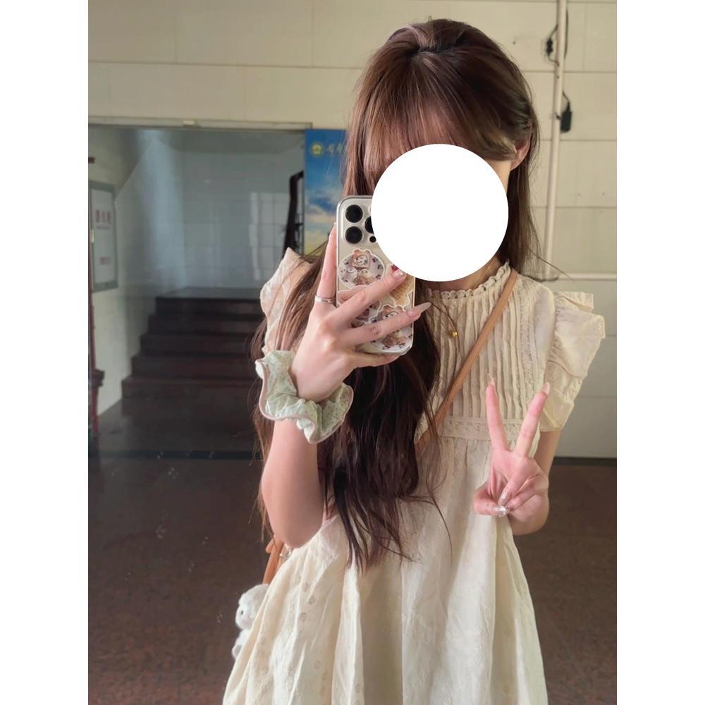 

Платье с маленьким рукавом-фонариком, женское летнее маленькое платье, милая кружевная короткая юбка, нежный преппи-стиль XL- (recommended 110-60kg)