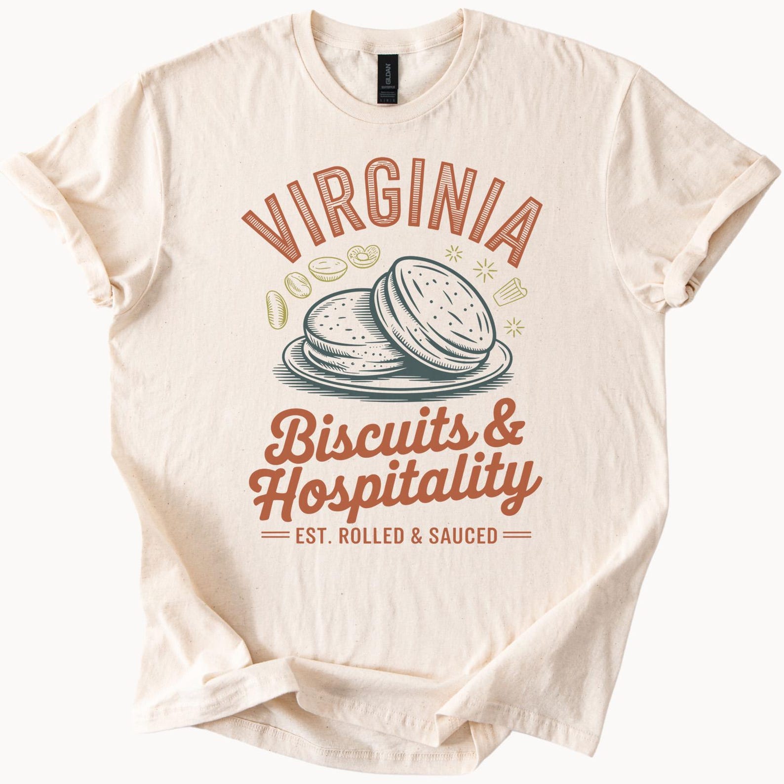 Virginia Biscuits and Hospitality Graphic T Shirt Southern Food Lover Tee Rolled and Sauced Comfort Soft Casual Shirt 130
