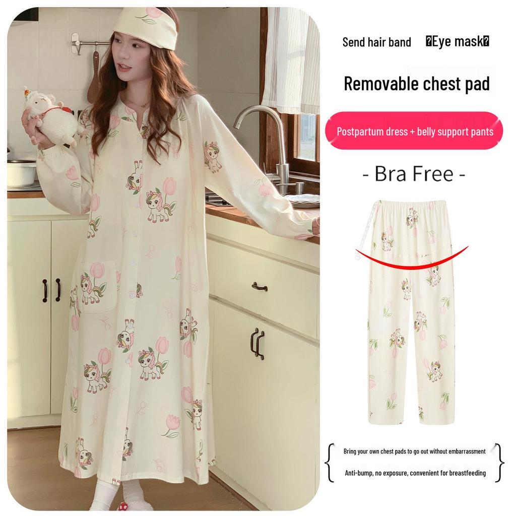 Plus Size Maternity Nightgown with Breast Pads for Postpartum, Spring, Summer, Autumn; Comfortable Labor Dress for Pregnant Women