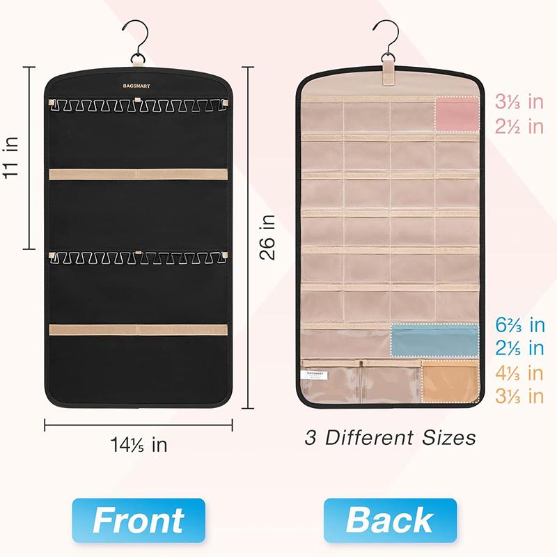 Závěsný organizér na šperky, držák na náhrdelníky Proti zamotání Náušnice Prsteny Věšák Cestovní skladovací role s kapsami Pověsit na skříň, stěnu, dveře