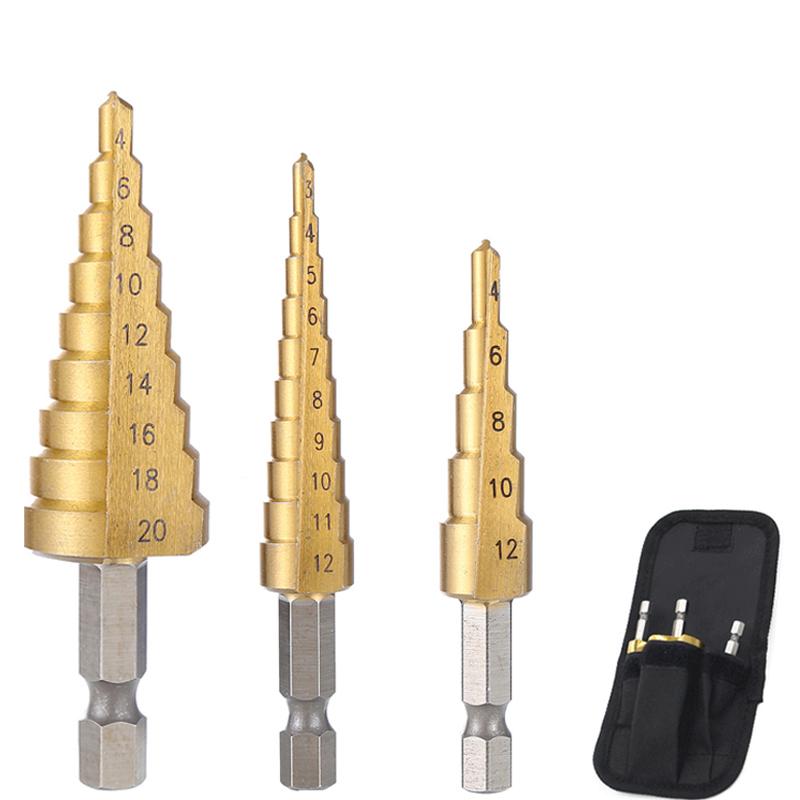 3Pcs HSS Titanium Coated Step Drill Bit High Speed Steel Metal Wood Hole Cutter Cone Drilling Tool Pagoda Drill Bit