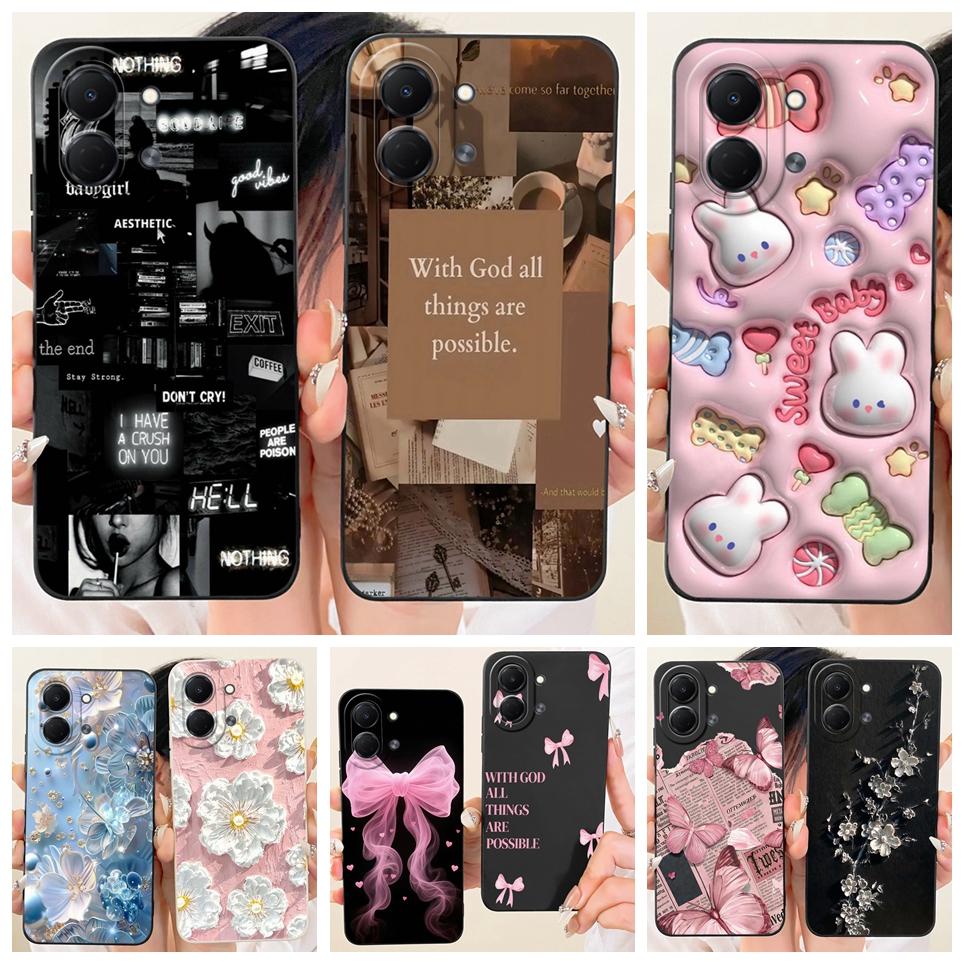 Liquid Silicone Soft Back Cover For Tecno Spark GO 3 GO3 KN3 Phone Case Luxury Girly Flower Butterfly Bow Painting Casing