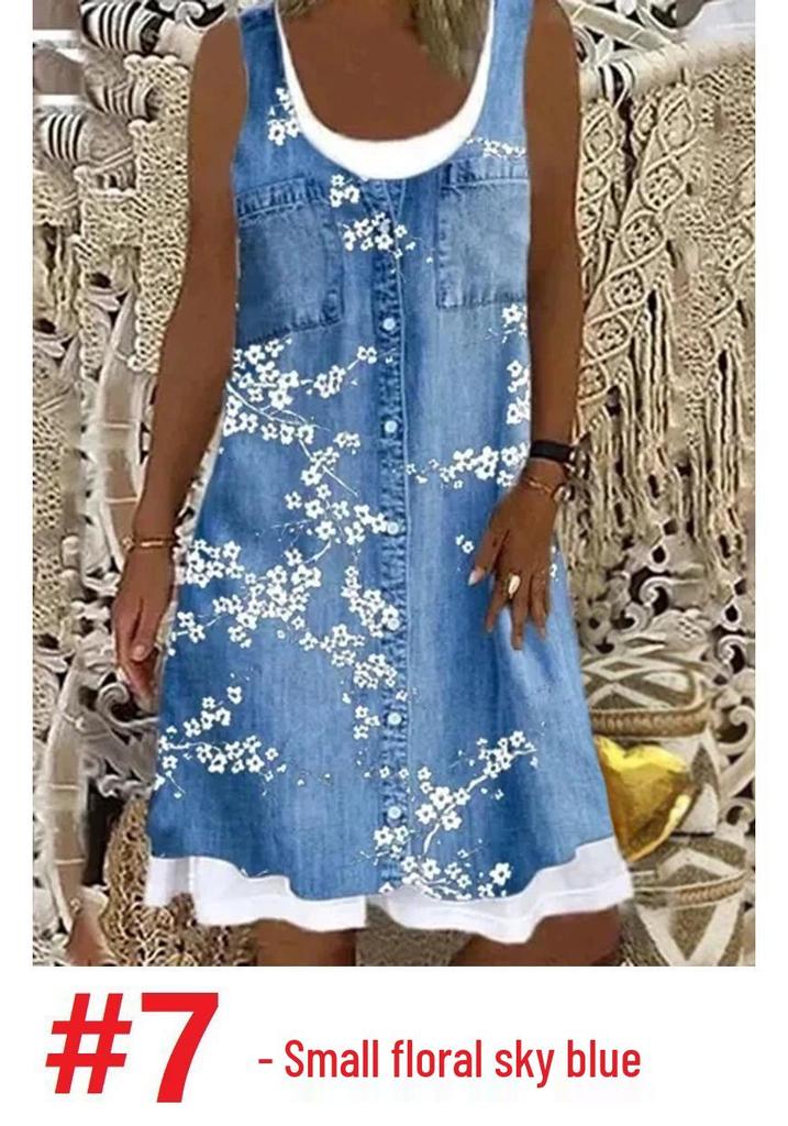 Women's Loose-Fit Digital Print Faux Denim Two-Piece Dress