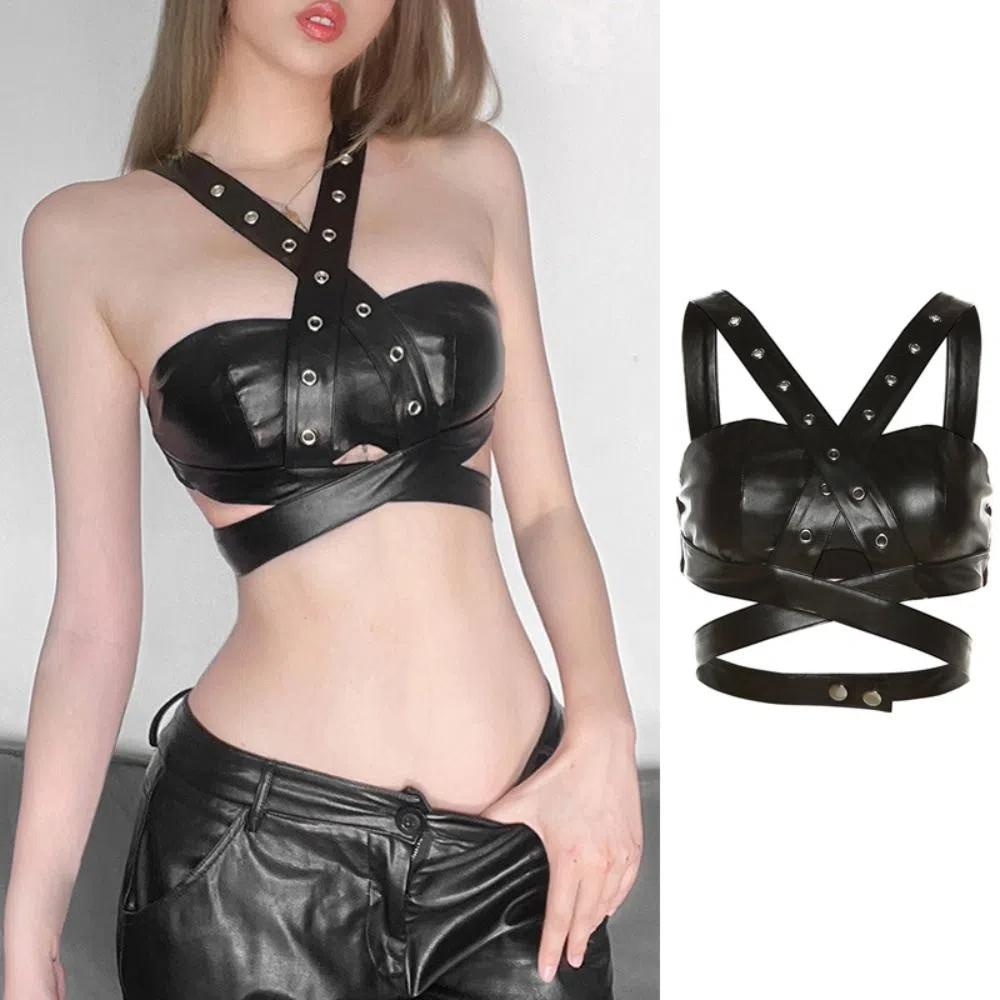 

PU Leather Women Slim Vest Tank Sleeveless Crop Top Ins Style Punk Backless Tops Ladies M чорний