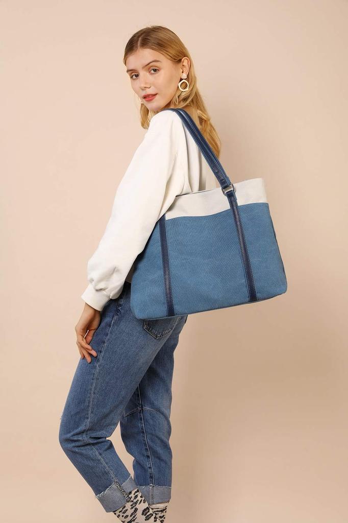 Tote Bag Canvas A4 Bag Large Capacity Shoulder Bag Shoulder [manukori] Women's (Blue)