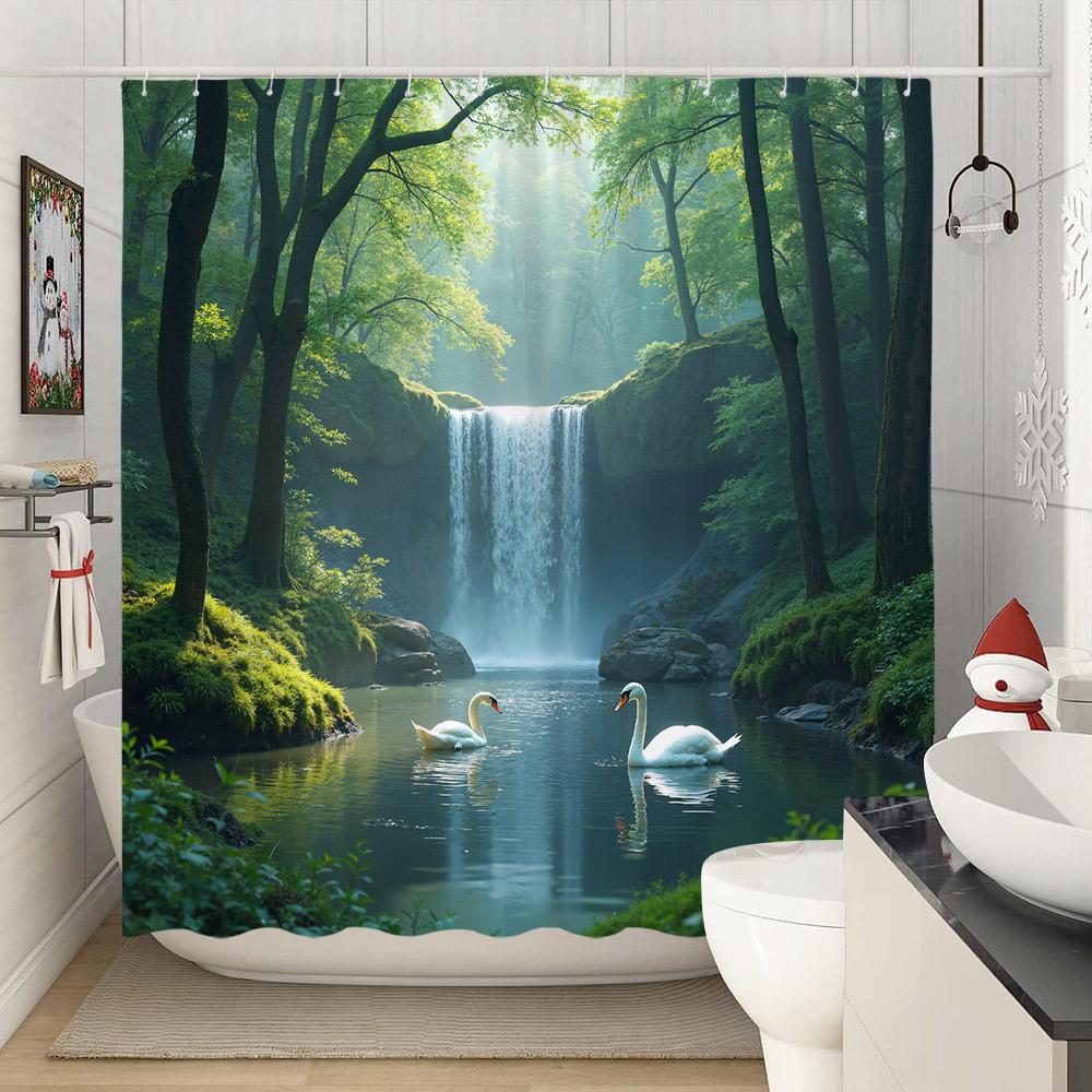 1pz Tenda da Doccia - Foresta Incantata con Cascata e Cigni, Perfetta per la Decorazione del Bagno, Portando l'Armonioso