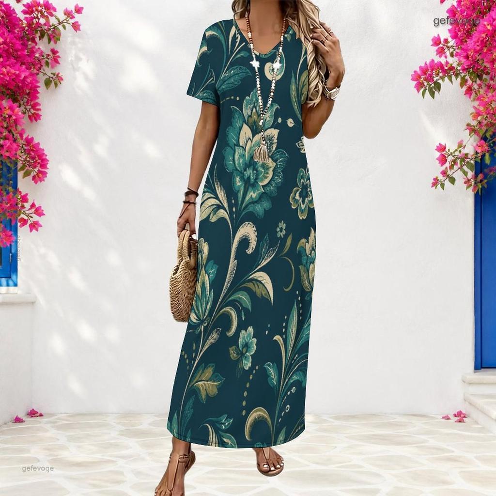 Women Plus Size V Neck Short Sleeve Pink Floral Printed Long Straight Dress