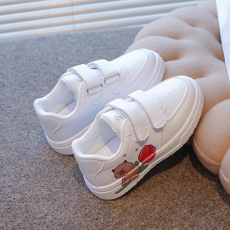 Fashion Girls White Shoes Boys Casual Sneakers with Cartoon Capybara Prints Non-slip Classic Kids Sports Skate Shoes Size 21-38