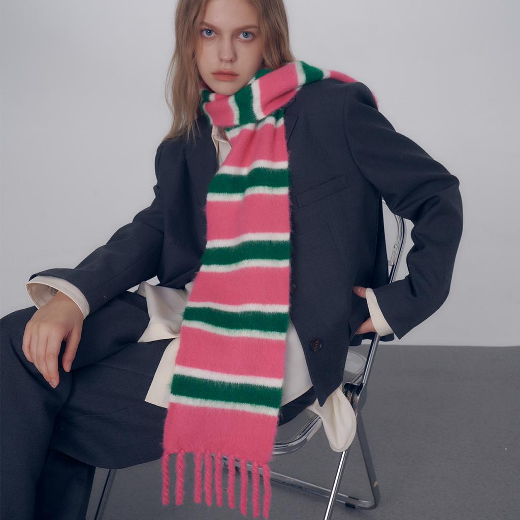 Niche Style Handmade Tassel Knitted Striped Wool Blend Scarf for Women Warm Wool Small Scarf