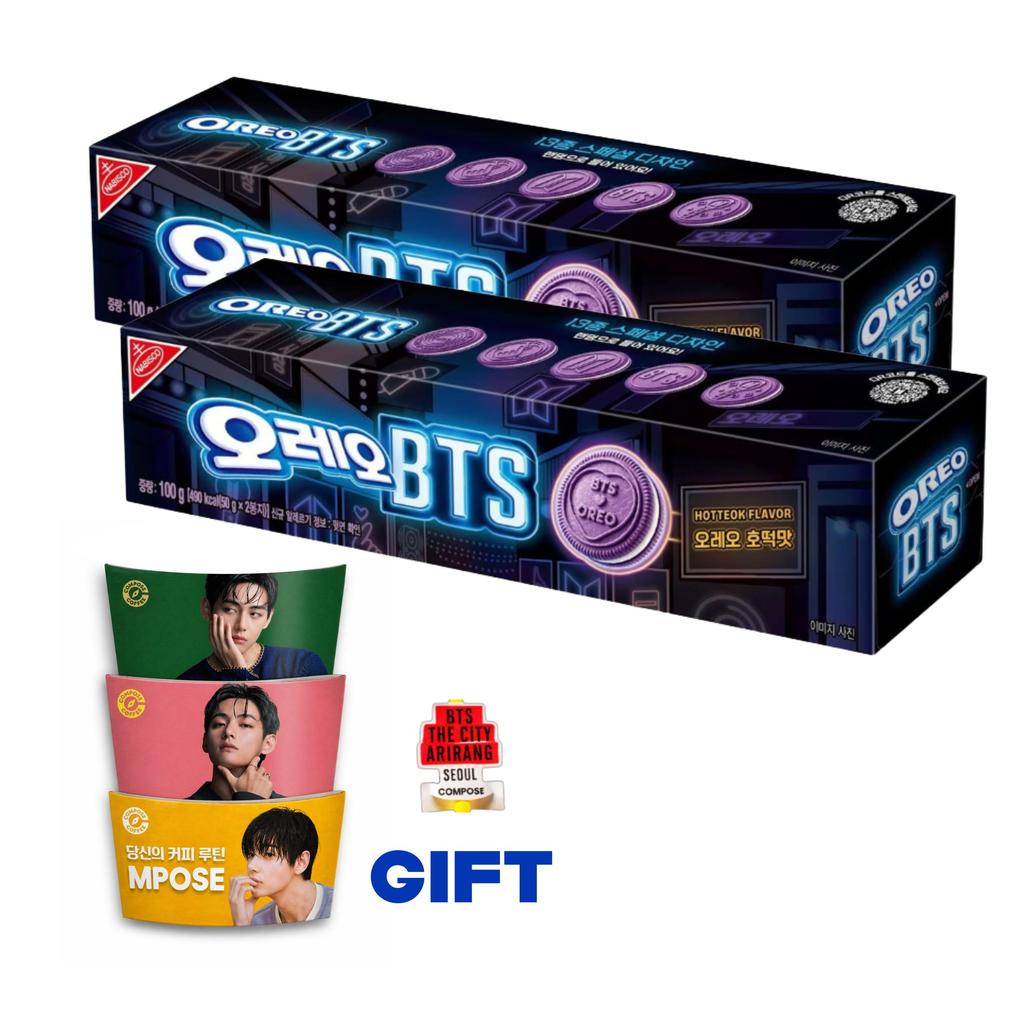 Hotteok Edição Limitada BTS x Oreo (Panqueca Doce Coreana) Conjunto de Presente com 3 Tipos de Manga para Copo Flavor Cookie + BTS V