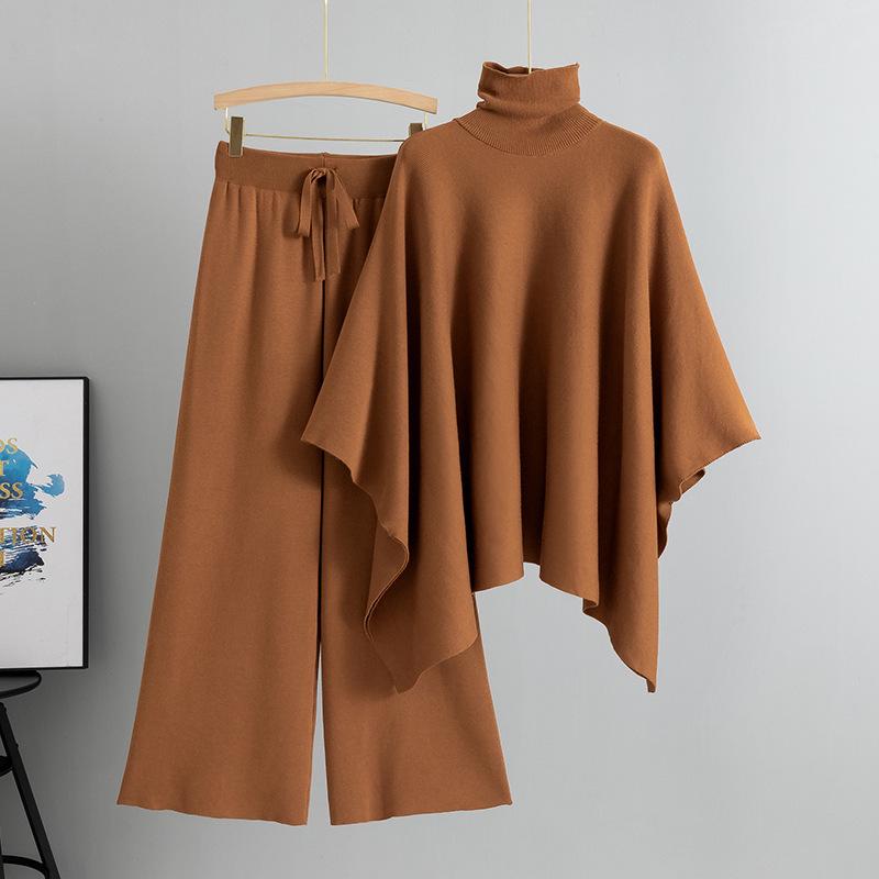 Women's Autumn Winter High Neck Cloak Sweater & Wide Leg Pants Set