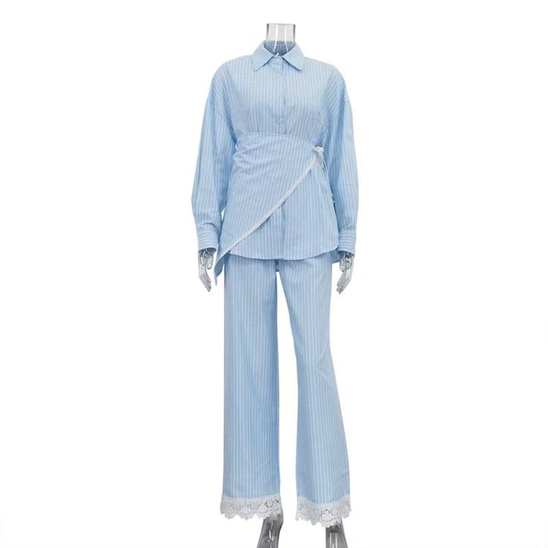 

Рубашки с лацканами в стиле вестерн, пэчворк, в полоску, с длинным рукавом, брюки с широкими штанинами, комплект из трех предметов, полосатый комплект из трех предметов Blue L