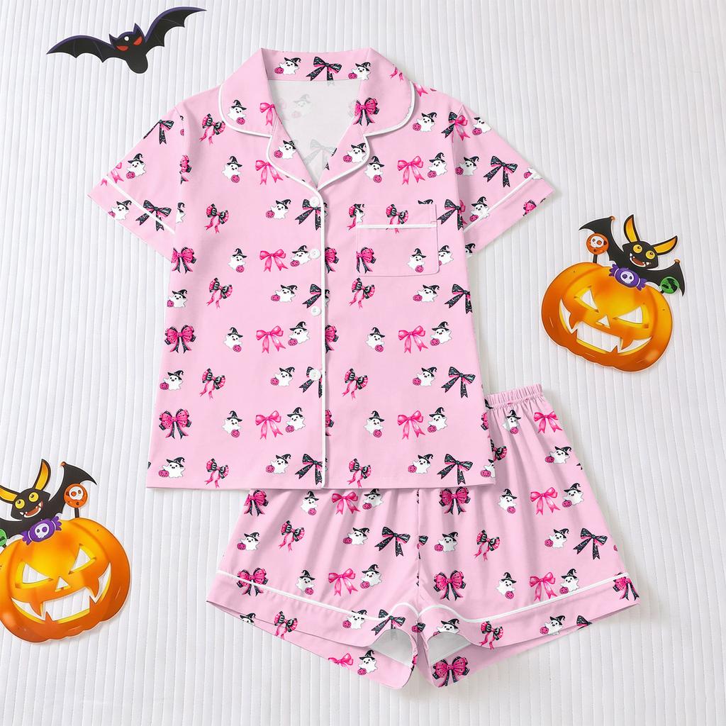 Women's Halloween Pajama Set with Short Sleeve Button Down Shirt and Shorts