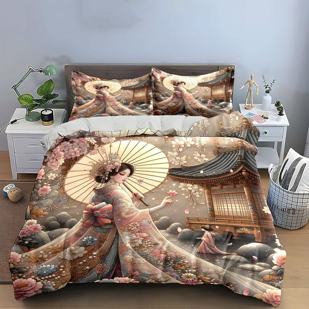 Elegant Kimono Floral Decoration Set Multiple Sizes Kid'S And Adults' Bedroom Exquisite 3Pc Bedding Set, Gift