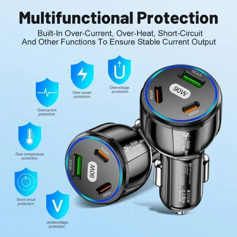 90W Schnellladegerät 3 Ports PD USB Autolade Handy Typ-C Adapter Schnellladegerät im Auto für iPhone 14 15 Pro/Max Samsung