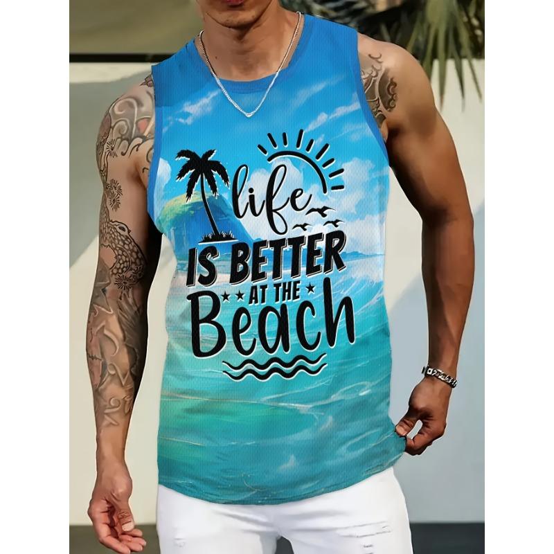 White Men's Vest with Casual 3D Printed Minimalist Pattern, Ideal for Summer Outdoor Leisure Sports And Seaside Vacations