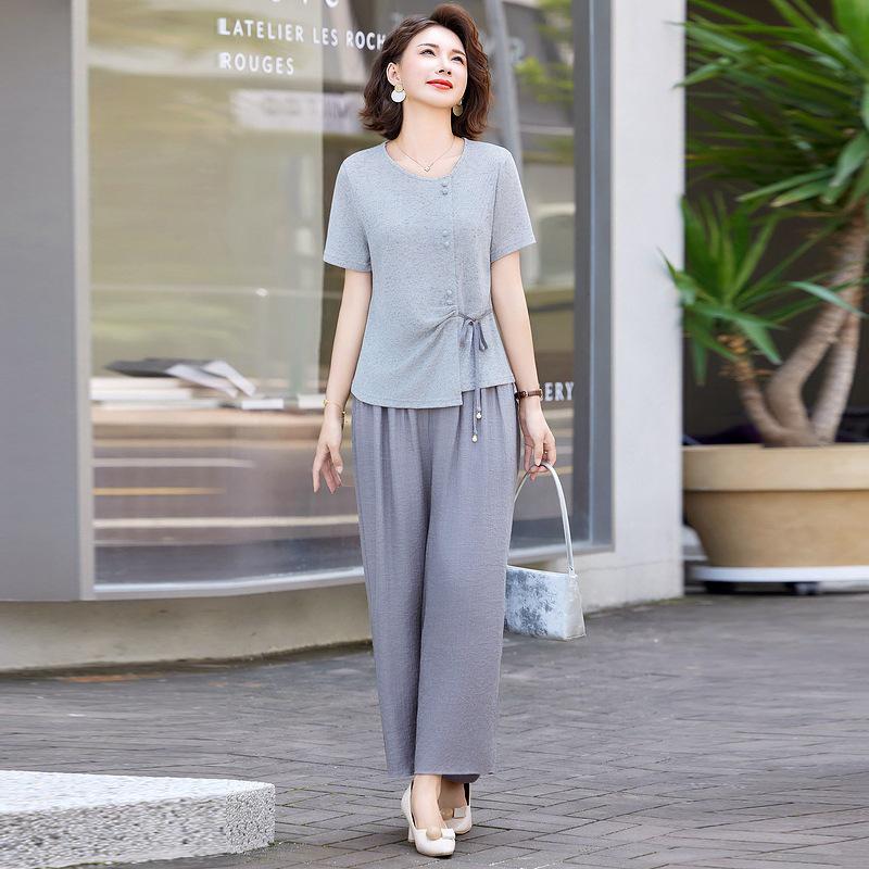 

Mom s Fashionable Summer Round Neck Top & Wide-Leg Culottes Set for Middle-Aged and Elderly Women 2XL серый