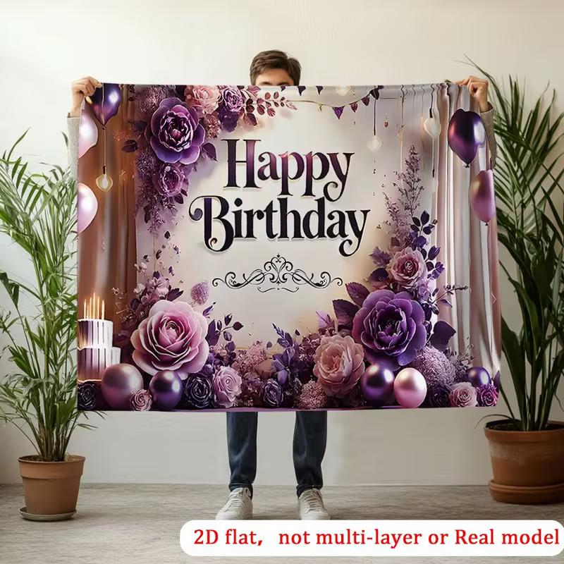 2D Elegant Purple Rose Birthday Backdrop, Luxurious Floral & Balloon Party Background Cloth for Adult Birthday