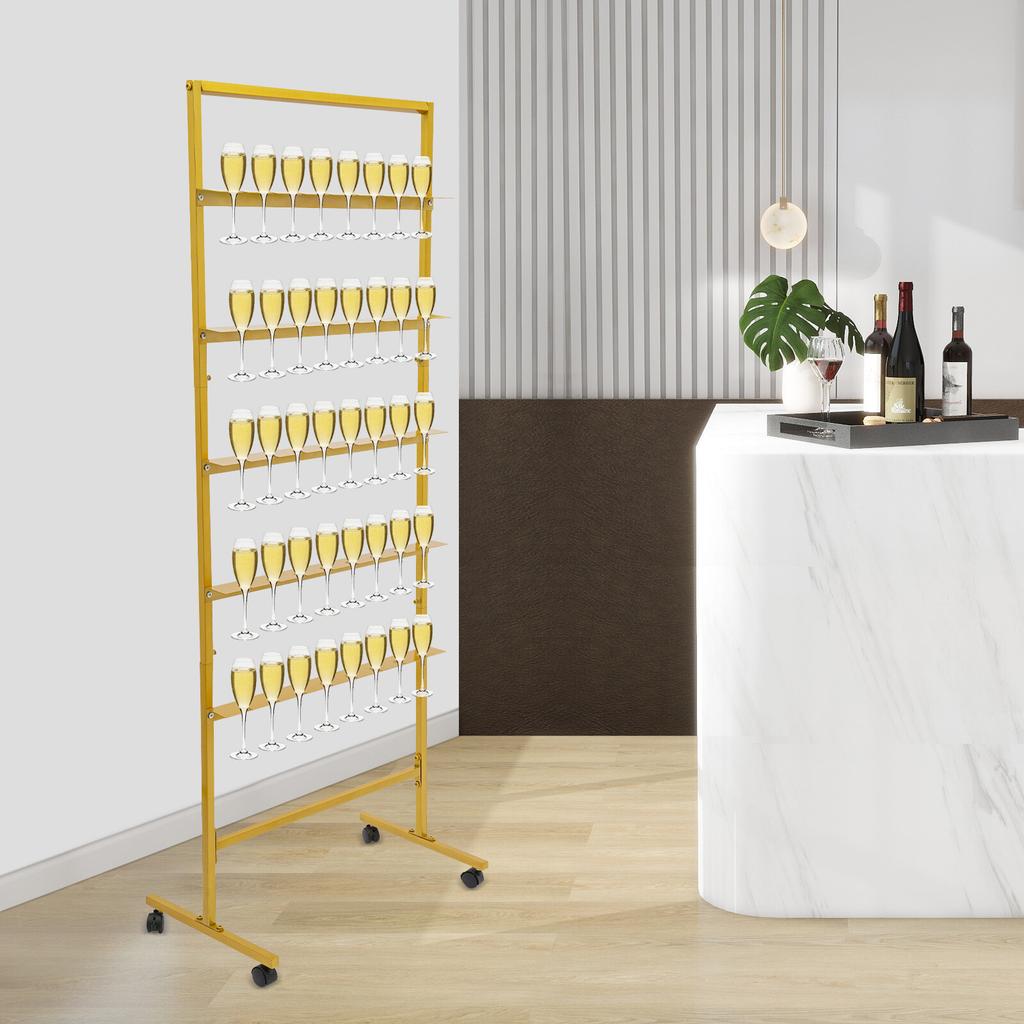 5-Tier Gold Steel Champagne Wine Glass Holder, Rotatable Swivel Casters Stable Flutes Display Stand, Party Glass Storage Rack