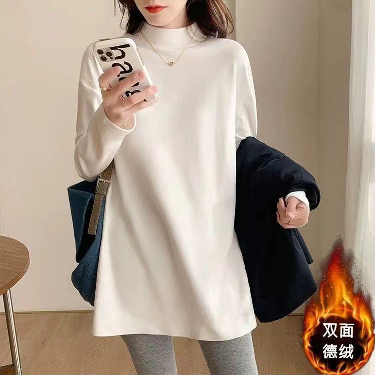 Plus Size Women's Half Turtleneck Mid-Length Long Sleeve Top Double-sided Fleece Warm Fall Winter Base Layer Shirt
