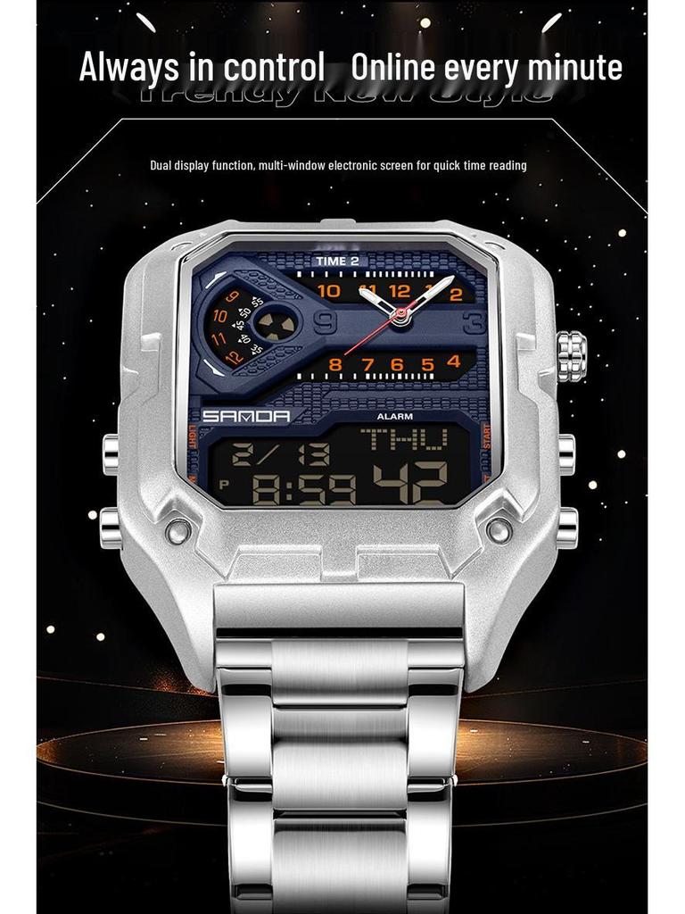 SANDA Men's Luxury Quartz Watch - Steel Band, Waterproof, Three-Time Zone, Versatile for Casual and Workplace Wear.