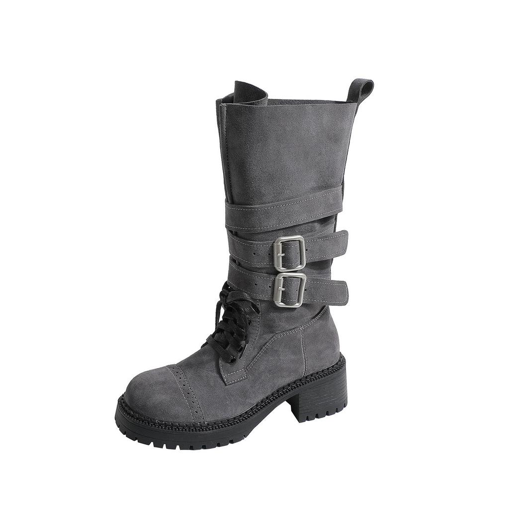 Autumn 2025 Genuine Leather Retro Mid-Calf Buckle Boots - Western Chunky Heel Motorcycle Style