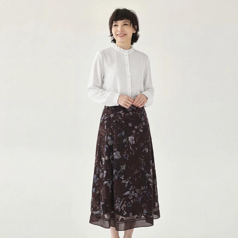 Feinikesi New Chinese Style Floral Burnout Satin A-line Skirt XL