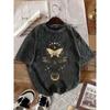 Washed Cotton Butterfly Print T-Shirt Retro Mystic Butterfly Graphic Tee Casual Loose Short Sleeve