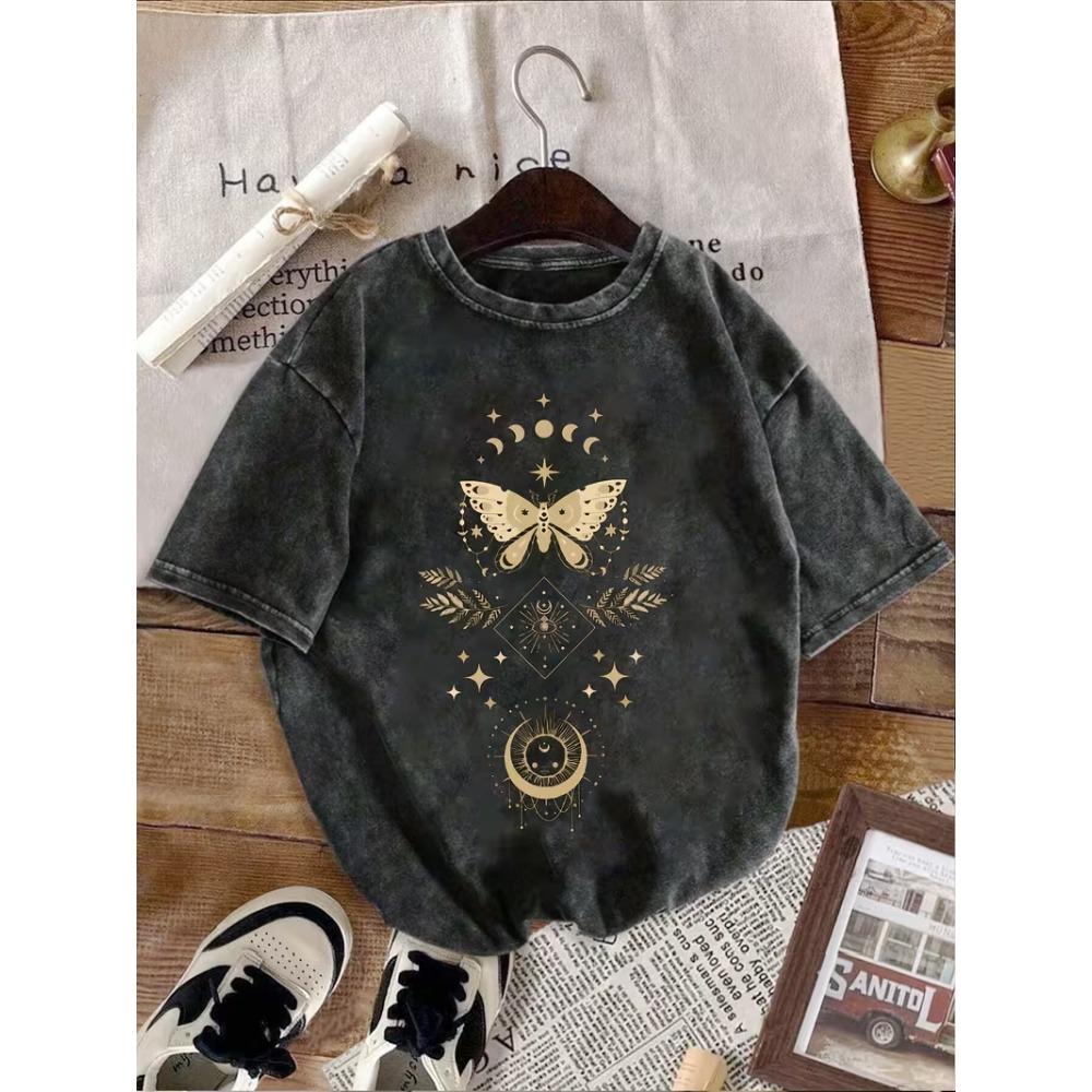 Washed Cotton Butterfly Print T-Shirt Retro Mystic Butterfly Graphic Tee Casual Loose Short Sleeve