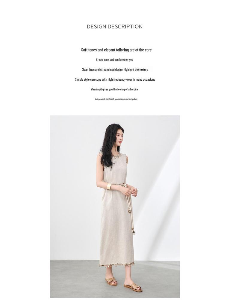 Ärmelloses Kleid im Bohemian-Stil aus Leinen-Tencel mit Muschel-Anhänger & Quaste für Damen