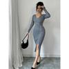 Women'S Knitted Wrap Dr High Waist Bodycon Base Layer Inner Wear Mid-Length V-Ne Long Sve Polyester Autumn Winter