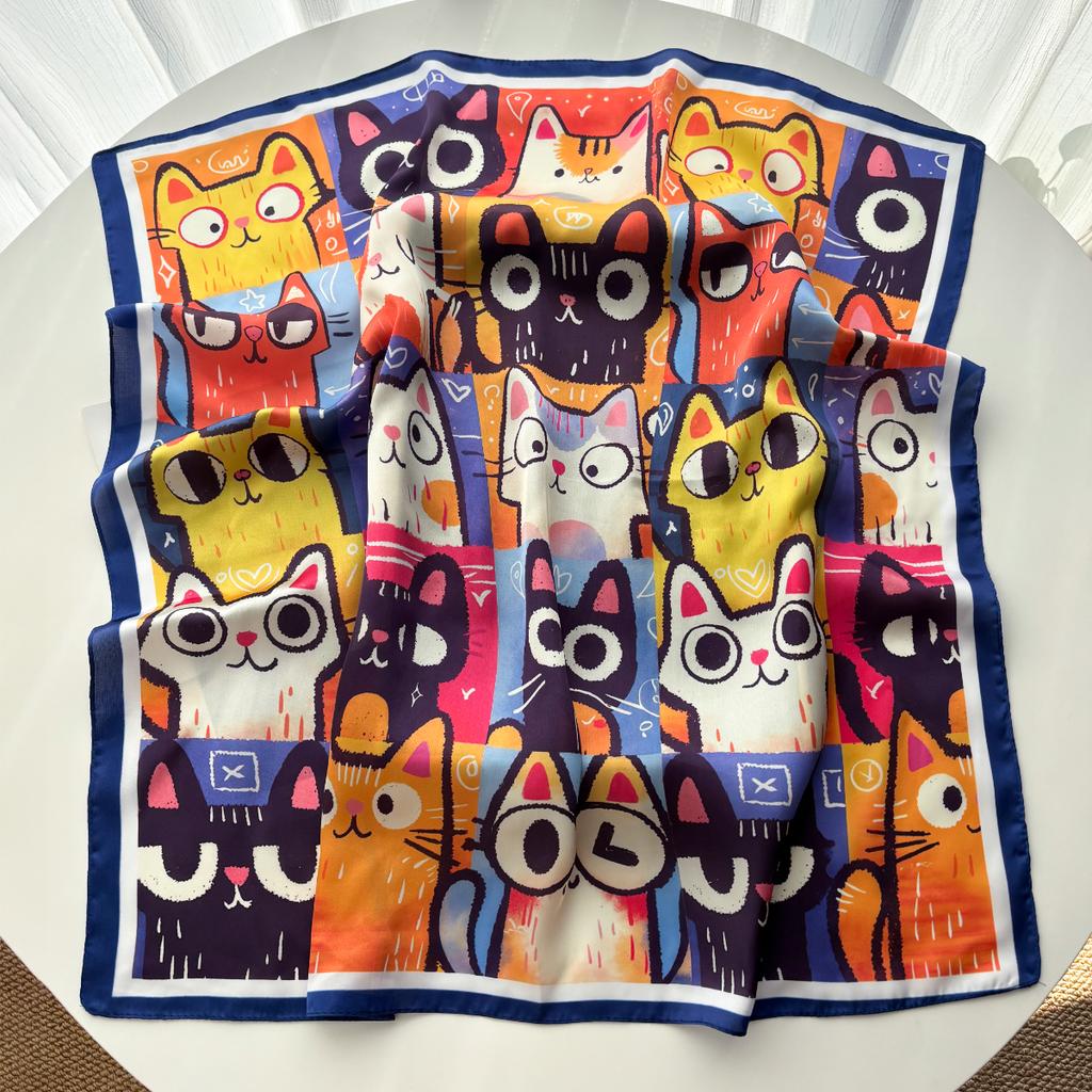 Luxury Square Scarf For Women Elegant Ladies Hijab Soft Stain Neckerchief Bandanas Cartoon Cat Print Faux Silk Scarves Shawl