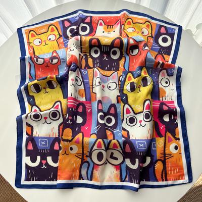 Luxury Square Scarf For Women Elegant Ladies Hijab Soft Stain Neckerchief Bandanas Cartoon Cat Print Faux Silk Scarves Shawl