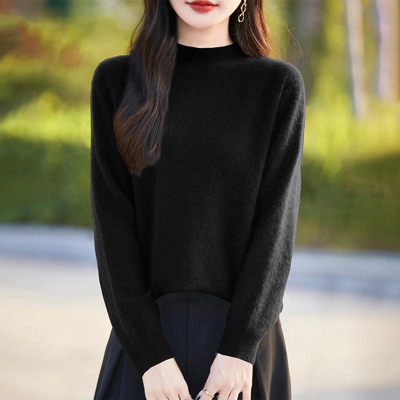 Women's Cream Yellow Wool Brushed Pullover Sweater, Half-High Neck Loose Knitwear Base Layer Top