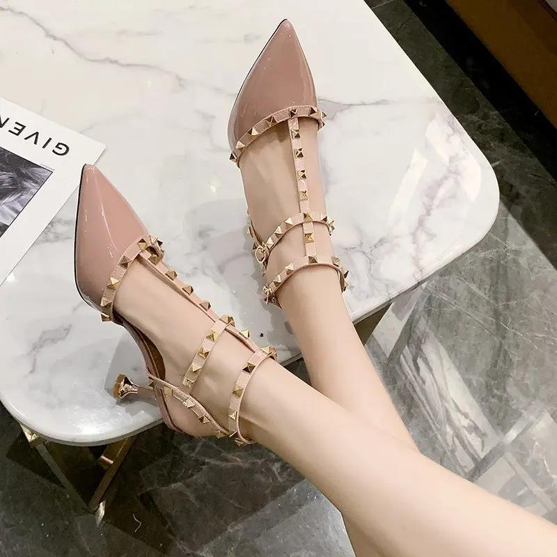 Women's Shoes  Summer Sandals Pointed Toe Patent Leather Rivet Buckle Sandals Stiletto Beige Khaki Red All-match High Heels