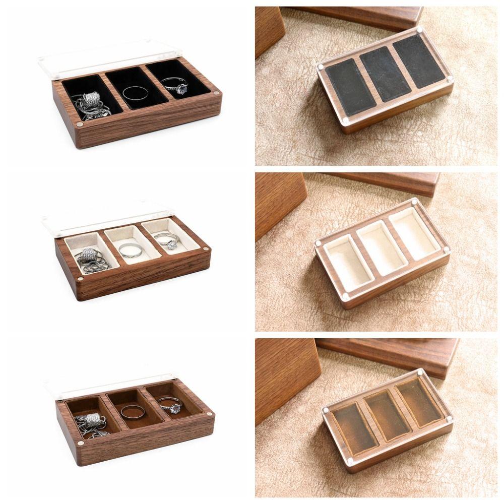 3/5 Slot Wooden Ring Box Magnetic Cover Jewelry Ring Holder Black Walnut Cufflinks Box  Couples