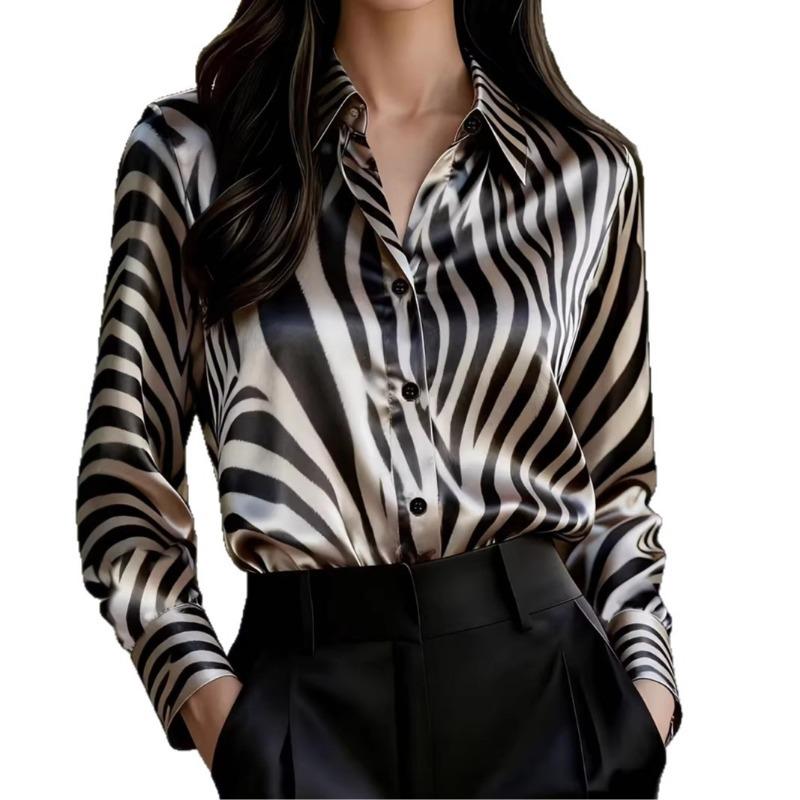 Zebra Print Casual Long Sleeve Button Blouse Women European Fashion Top