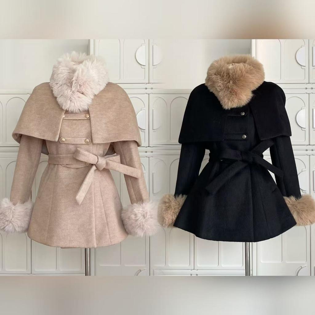 2025 Winter Französisch Vintage Elegant Wollmantel Frau Schwarz Schick Schal Umhang + Retro Locker Trenchcoat Damen Bandage Korea Modedesign Outfits